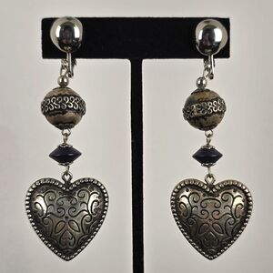Vintage-Style Silver Heart Dangle Clip-On Earrings